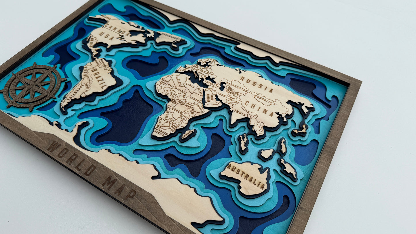 Layered Wooden World Map – Ocean Depth Edition