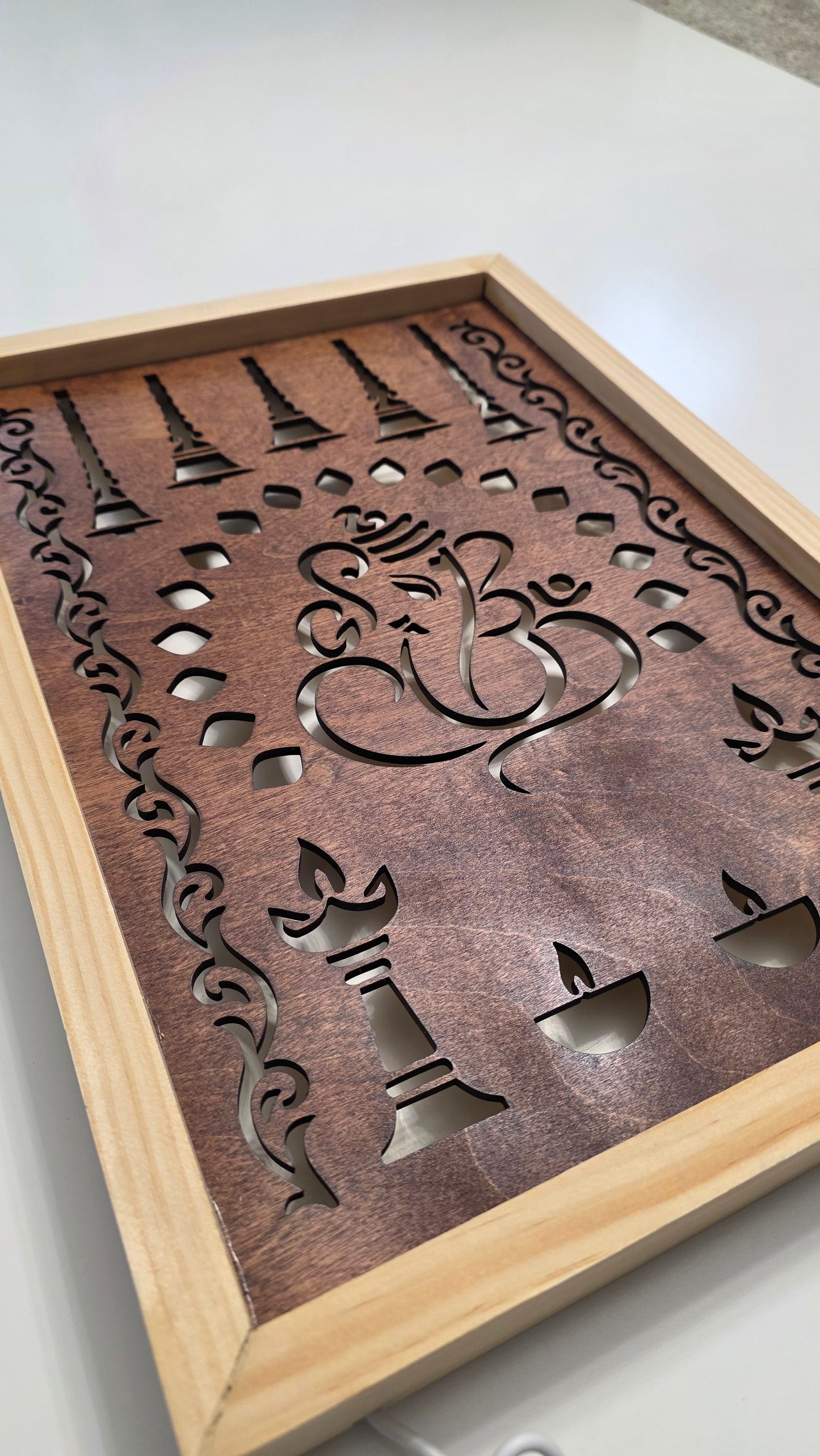 Illuminated Ganesha Wall Art – Handcrafted Wooden Panel with Traditional Indian Motifs