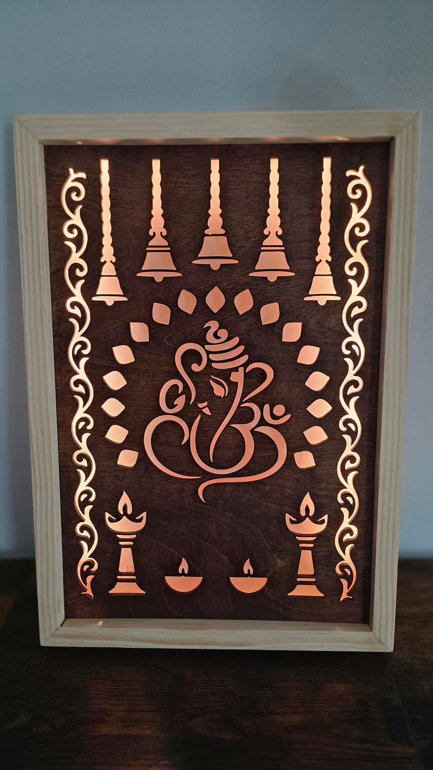 Illuminated Ganesha Wall Art – Handcrafted Wooden Panel with Traditional Indian Motifs