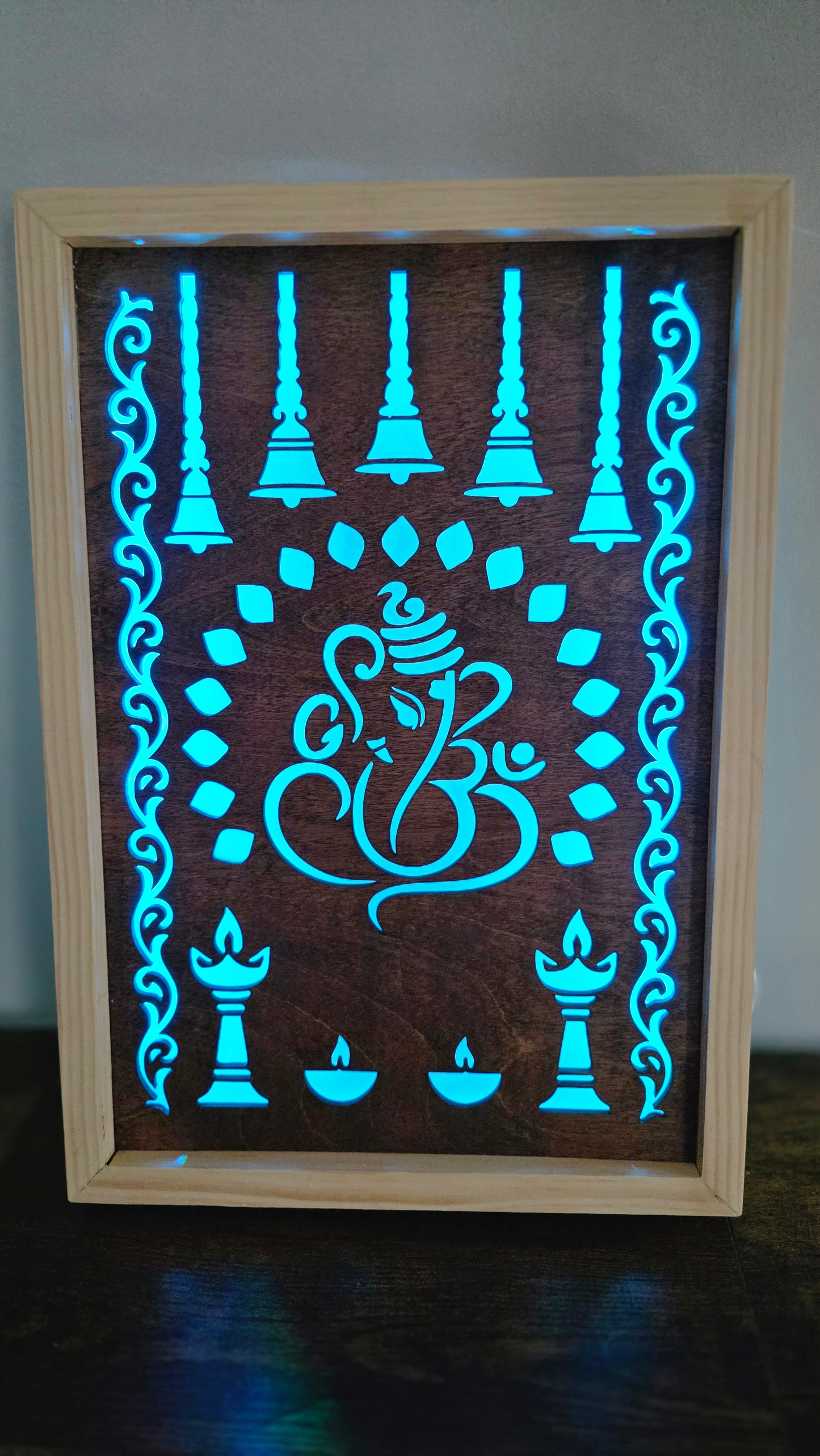 Illuminated Ganesha Wall Art – Handcrafted Wooden Panel with Traditional Indian Motifs