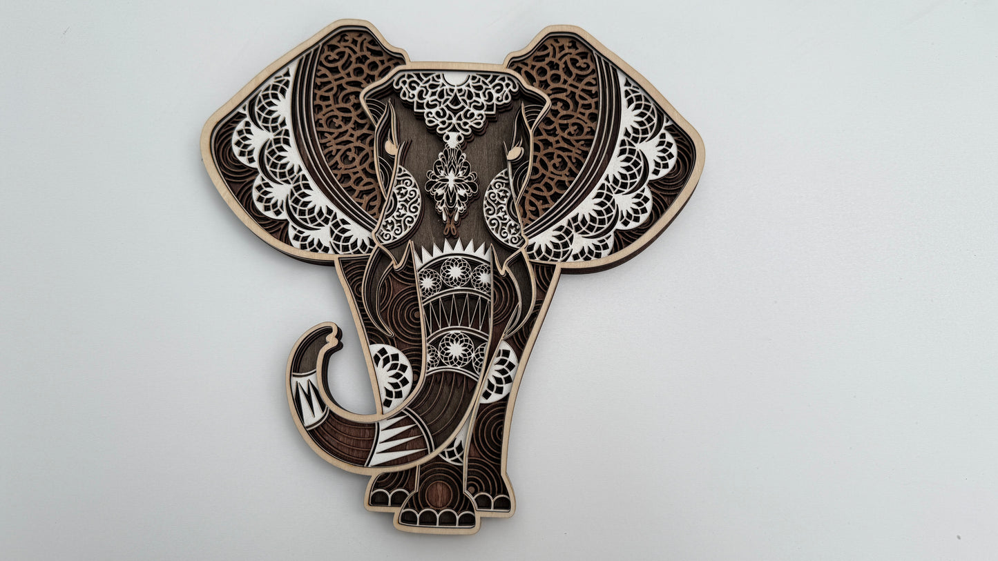 Layered Mandala Elephant – Natural Wood Finish