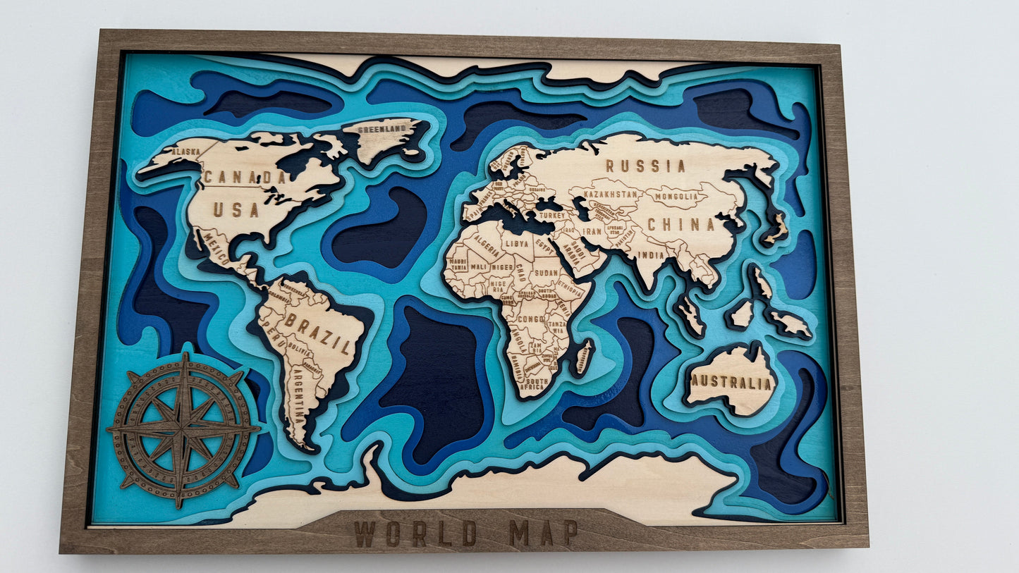 Layered Wooden World Map – Ocean Depth Edition