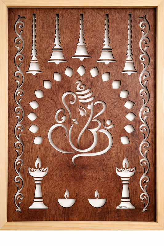 Illuminated Ganesha Wall Art – Handcrafted Wooden Panel with Traditional Indian Motifs