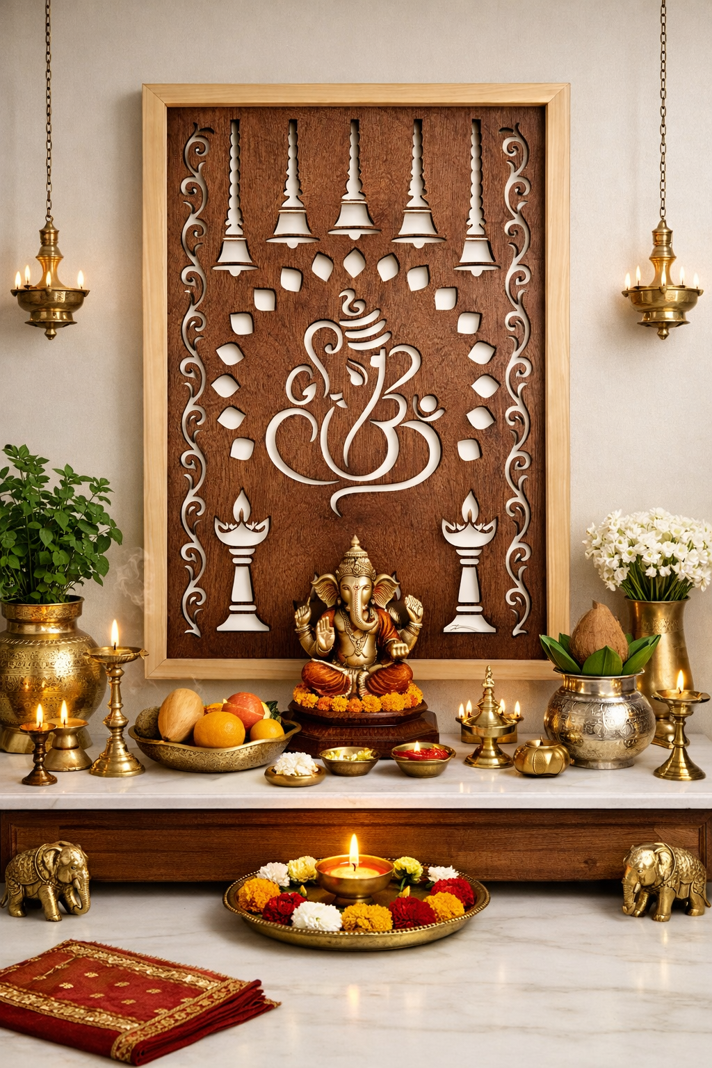 Illuminated Ganesha Wall Art – Handcrafted Wooden Panel with Traditional Indian Motifs